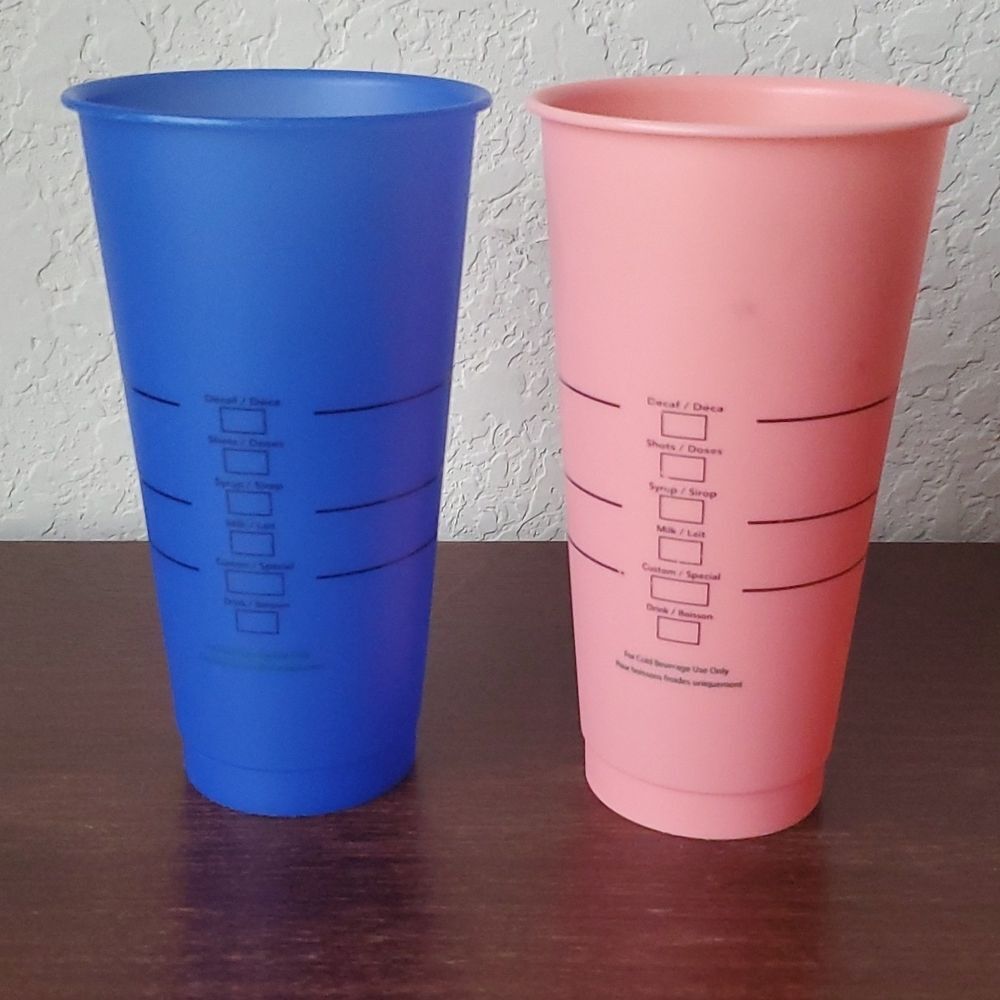 Set of 2 Starbucks Reusable Plastic Venti Cups Frosted Pink Blue 24oz Cold Drink - Picture 3 of 7